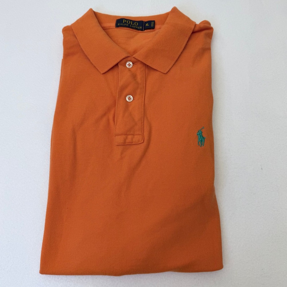 Preppy Polo Ralph Lauren Mens XL Orange Cotton Mesh Pique Polo Shirt Teal Logo